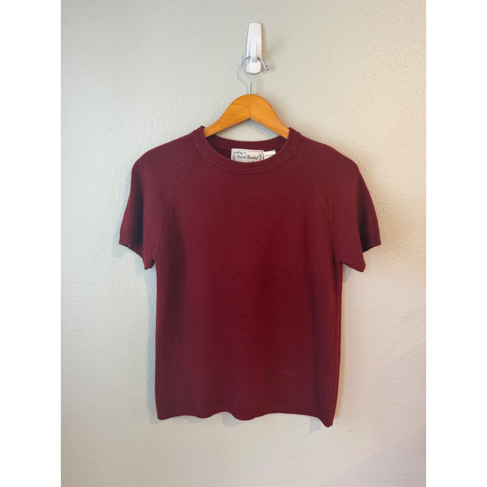 Sarah Bentley Short Sleeve Sweater Women‎ Small Burgundy Red Vintage Raglan Knit